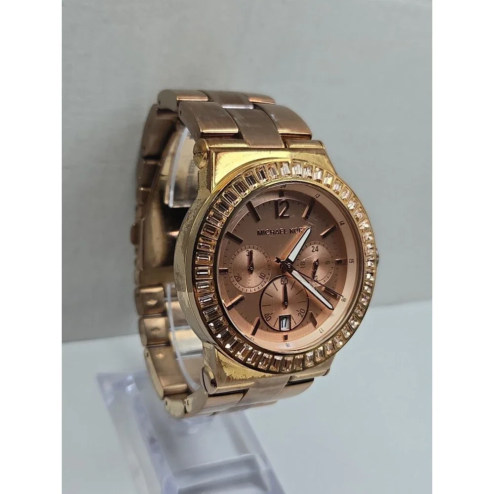 Michael Kors Dylan Womens Rose Gold Baguette Bezel Chronograph Watch New Battery